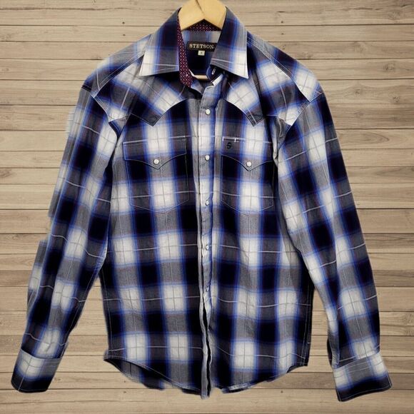 Stetson Western Shirt Ombre Plaid Blue Red Black Model 11-001-0478-1032 Men's S - Picture 1 of 14